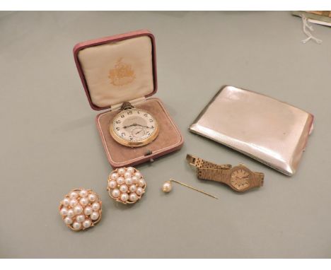 A silver cigarette case, a Hamilton rolled gold pocket watch, a pair of faux pearl cluster clip earrings, a Rotary ladies wat