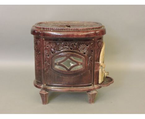 A French plum coloured enamel wood burner, by 'Deville', 60cm wide