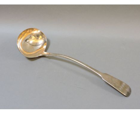 A George III fiddle pattern silver soup ladle, London 1831, engraved 'I & WW'