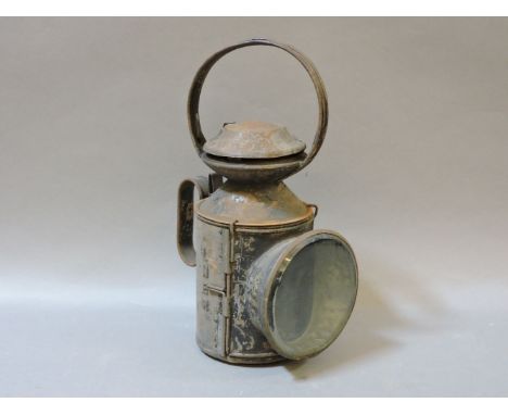 An antique train signal lantern, with green and red glass, a leather and silver plated hip flask, and two pocket watches (PAR