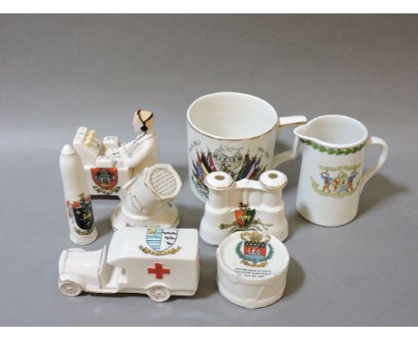 Eight Great War related crested china pieces, to include a radio operator 'listening in', search light, ambulance, shell, a r