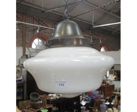 A 1930'S HANGING GLASS OFFICE LIGHT SHADE with metal fitting