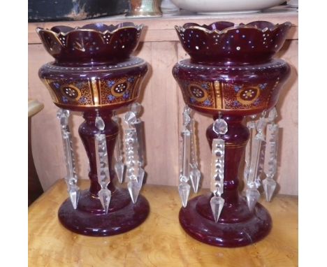 A PAIR OF VICTORIAN RUBY GLASS AND GILT LUSTRES