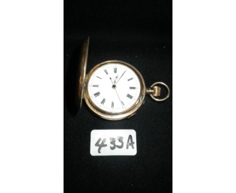 A GENTLEMAN'S YELLOW METAL HALF HUNTING CASED POCKED WATCH, the white enamel dial inscribed 'JG Grave, Sheffield'
