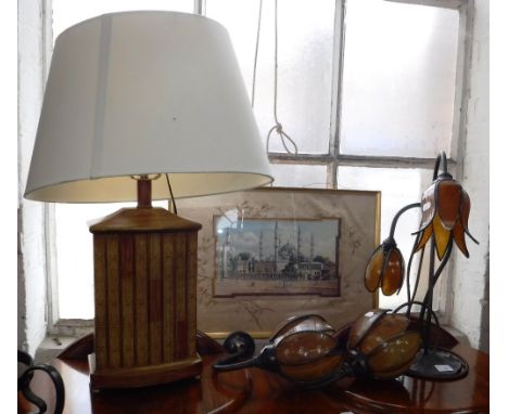 AN ART NOUVEAU STYLE "PEWTER" TABLE LAMP with stylised shades, two similar wall lights and an oriental style table lamp