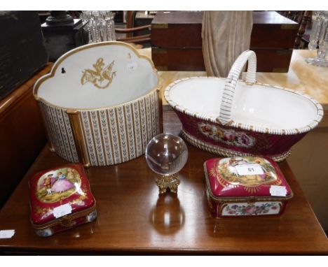 A 19TH CENTURY CERAMIC FLOWER BASKET with gilt and floral decoration, a gilt wall pocket, two porcelain boxes and a glass bal