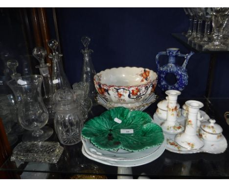 AN EDWARDIAN CERAMIC DRESSING TABLE SET, a quantity of ceramics and glassware