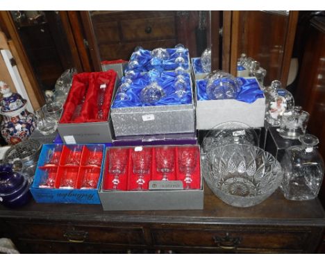 A ROYAL DOULTON CRYSTAL DECANTER and liqueur glass set (boxed), together with other similar glassware (mostly boxed)