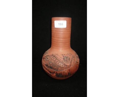 A POOLE POTTERY VASE with incised decoration of fish with incised mark 'GS' for Guy Sydenham