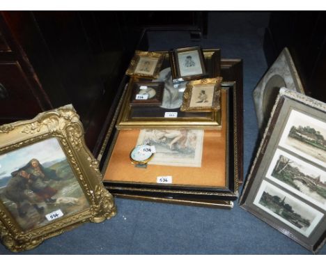 A COLLECTION OF PICTURES AND PRINTS including a 19th century style miniature portrait, inscribed 'Victoria'
