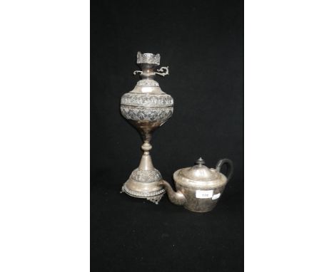 A PLATED TEAPOT and similar oil lamp base