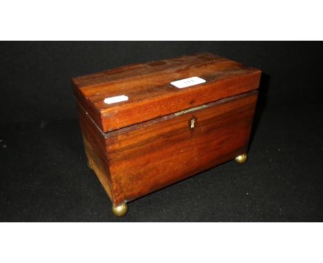 A 19TH CENTURY ROSEWOOD TEA CADDY  on brass ball feet