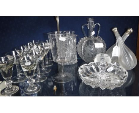 A DUTCH BLOWN GLASS DECANTER with etched decoration depicting ships and windmills, a combined oil and vinegar bottle with sil