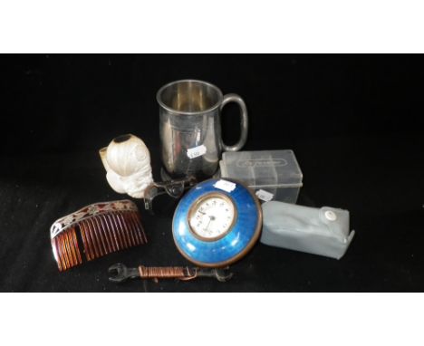 A DECORATIVE DRESSING TABLE CLOCK, hair comb and other items