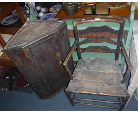 A VICTORIAN STYLE GREEN PAINTED SHELF, an early 19th century ladderback chair and a similar corner cabinet