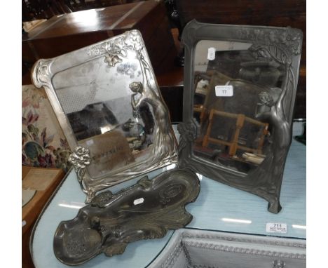 A WMF STYLE MIRROR FRAME, another similar and an Art Nouveau style desk tray