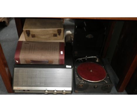 A VINTAGE 'BUSH' RECORD PLAYER, a similar 'Alba' record player, a portable gramophone and a 'Vidor' portable radio