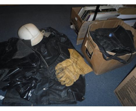 A COLLECTION OF VINTAGE MOTOR CYCLE CLOTHING including Belstaff Black Prince weatherproof trousers, various jackets, gauntlet