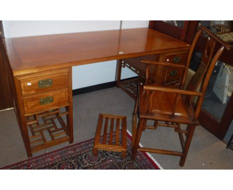 A CHINESE PEDESTAL DESK fitted four drawers, with decoration below 31.5" high x 67" wide x 29.5" deep, and a matching solid s