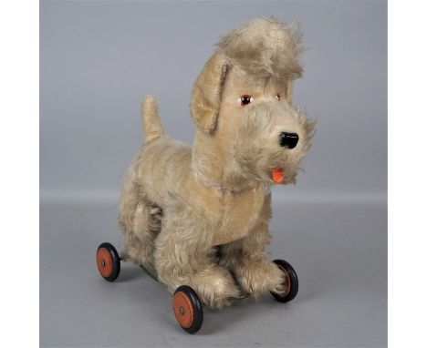 Plüschhund auf Rädern,Mitte 20. Jh. Plüschtier Pudel als Rädertier, evtl. Steiff?, blond, rote Holzräder mit Gummireifen. Maß