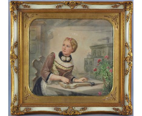 Arlet (19./20. Jh.) - Aquarell Mädchen beim Zither spielen, um 1900Auf Papier. Sehr fein ausgearbeitetes Porträt eines Mädche