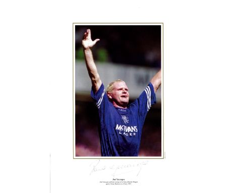 Paul Gascoigne signed 16x12 colour print pictured celebrating during his home debut for Glasgow Rangers in 1995. Good conditi