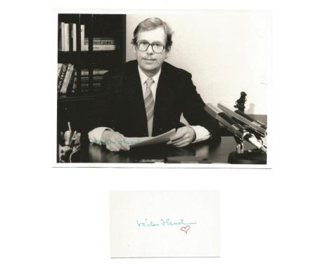Politics, Vaclev Havel signature, stuck below 7x5 black and white photo. Czech statesman, playwright, and former dissident, w