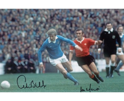 Autographed COLIN BELL / LOU MACARI 12 x 8 photo colour, depicting Manchester City's COLIN BELL getting past a challenge from