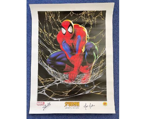 Marvel Creator Stan Lee Hand signed 24x18 Colour Spiderman Print by Joe Jusko. Signed in black marker pen by Stan Lee and the