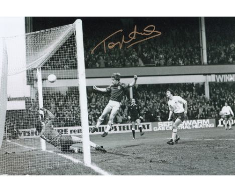 Autographed Tony Cottee 12 X 8 Photo black and white, Depicting The West Ham United Striker Superbly Heading His Side's First