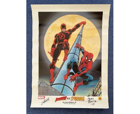 Marvel Creator Stan Lee Hand signed 24x18 Colour Spiderman Print by John Romita Sr. Signed in black marker pen by Stan Lee an