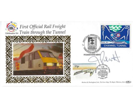 Politician, John Prescott signed FDC celebrating the First Official Rail Freight Train Through The Channel. This Euro Tunnel 