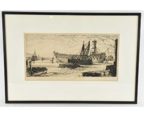 SIR FRANCIS SEYMOUR HADEN (1818-1910); etching, 'Breaking up of the Agamemnon', shipping scene, 22 x 42.5cm, framed and glaze