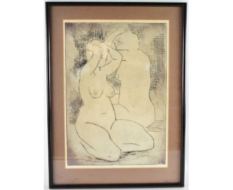 UNATTRIBUTED; etching, two nude females, indistinctly signed in pencil 'EMR' and dated '75 lower right, 39 x 27.5cm, framed a