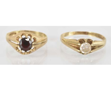 A 9ct yellow gold ruby set signet ring, size O, and a 9ct yellow gold white stone set ring, size Q, combined approx 4.8g (2).