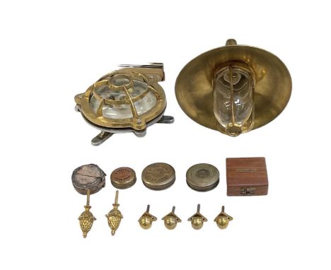 Two modern brass industrial style wall lights with fittings, a Sgt. Pepper's Lonely Hearts Club Band compass, a Stanley of Lo