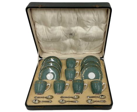 ROYAL WORCESTER; a cased set of six coffee cups with matching saucers and a set of six Mappin & Webb George V hallmarked silv