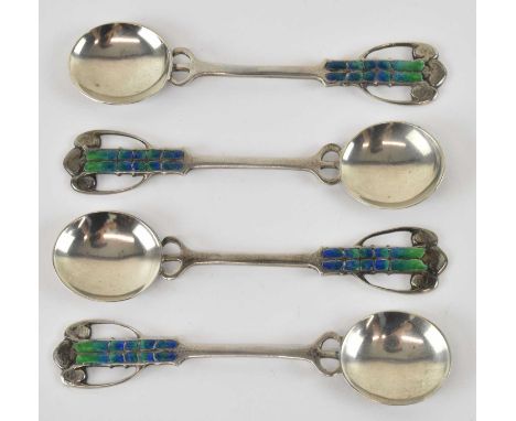 LIBERTY &amp; CO; a set of four Edward VII Art Nouveau green and blue enamelled coffee spoons, Birmingham 1906, length 9.5cm,