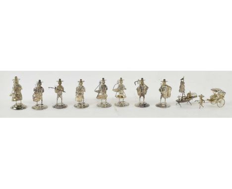 A collection of ten Chinese sterling silver figures of rice farmers, height of tallest 5.5cm, combined approx 3.3ozt/102.5g (