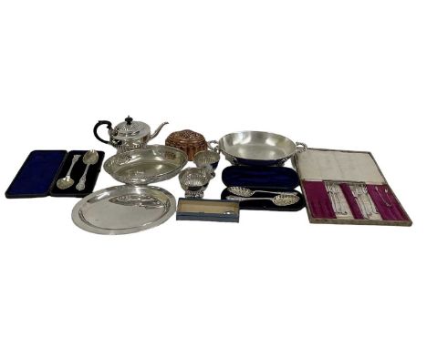 A quantity of silver plated items including tureen, basket, three piece tea service, berry spoons, cake forks, copper jelly m