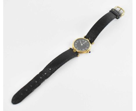 MUST DE CARTIER; a 925 hallmarked silver gilt cased lady's wristwatch, the black dial set with Roman numerals, diameter 2cm, 