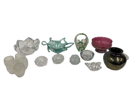 A collection of art glass including Royal Brierley Studio, Orrefors crystal candlesticks, indistinctly signed frosted art gla