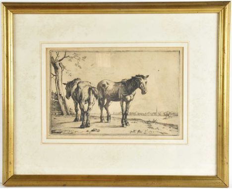 PAULUS POTTER; etching, two plough horses, 16.5 x 24.5cm, framed and glazed.
