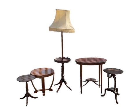An early 20th century mahogany standard lamp with white shade, height to top of fitment 150cm, two reproduction side tables, 