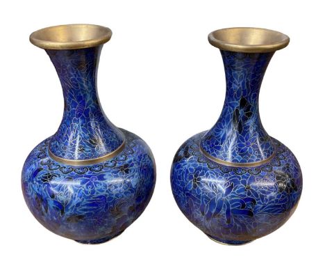 A pair of 20th century Chinese blue floral decorated cloisonné enamel gilt metal vases, height 25cm.