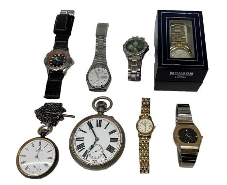 DOREY LESTER &amp; CO; a stainless steel cased pocket watch on white metal chain, the white enamel dial set with Roman numera