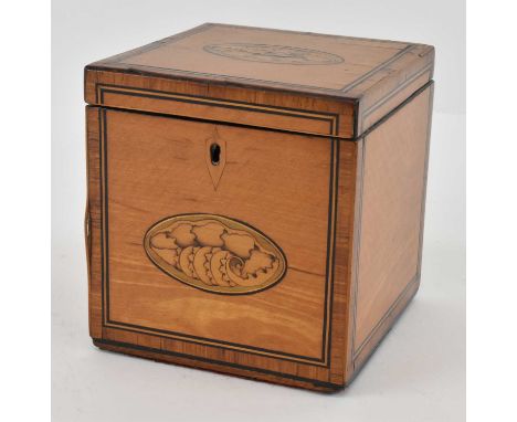 A late 19th century square tea caddy with inlaid shell, 11 x 11cm.