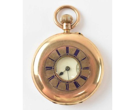 T &amp; J PERRY; a 9ct yellow gold half hunter pocket watch, the white enamel dial set with Roman numerals, diameter excludin