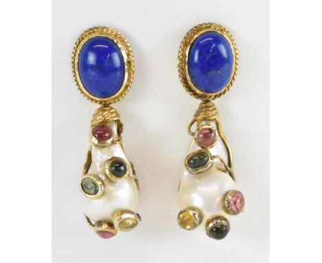 A pair of Indian yellow metal pearl, amethyst, ruby and lapis lazuli earrings, length 5cm, combined approx 34.5g.