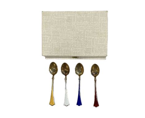 A set of four 925 Norwegian sterling silver enamelled coffee spoons, length 9.5cm, combined approx 1.3ozt/40.5g.